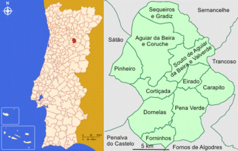 Mapa da localização e freguesias do Concelho de Aguiar da Beira