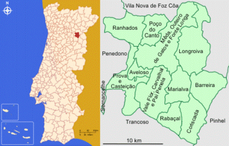 Mapa da localização e freguesias do Concelho de Mêda