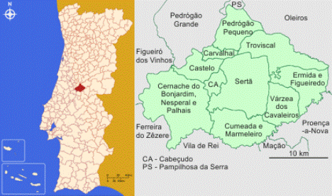 Mapa da localização e freguesias do Concelho de Sertã