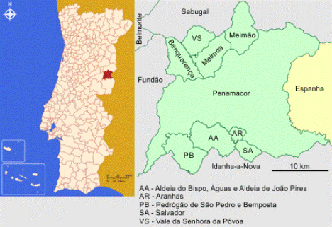 Mapa da localização e freguesias do Concelho de Penamacor