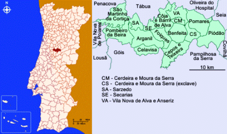 Mapa da localização e freguesias do Concelho de Arganil