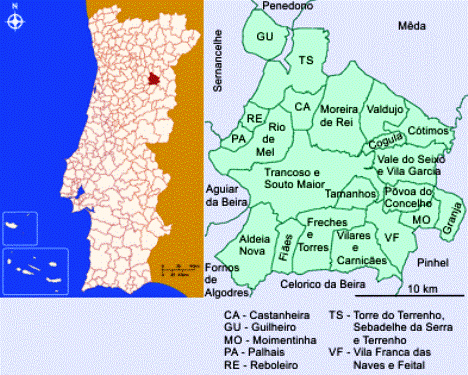 Mapa da localização e freguesias do Concelho de Trancoso