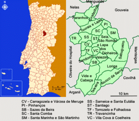 Mapa da localização e freguesias do Concelho de Seia